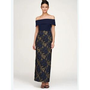 JS Collections Stretch Crepe Metallic Jacquard Off The Shoulder Gown
